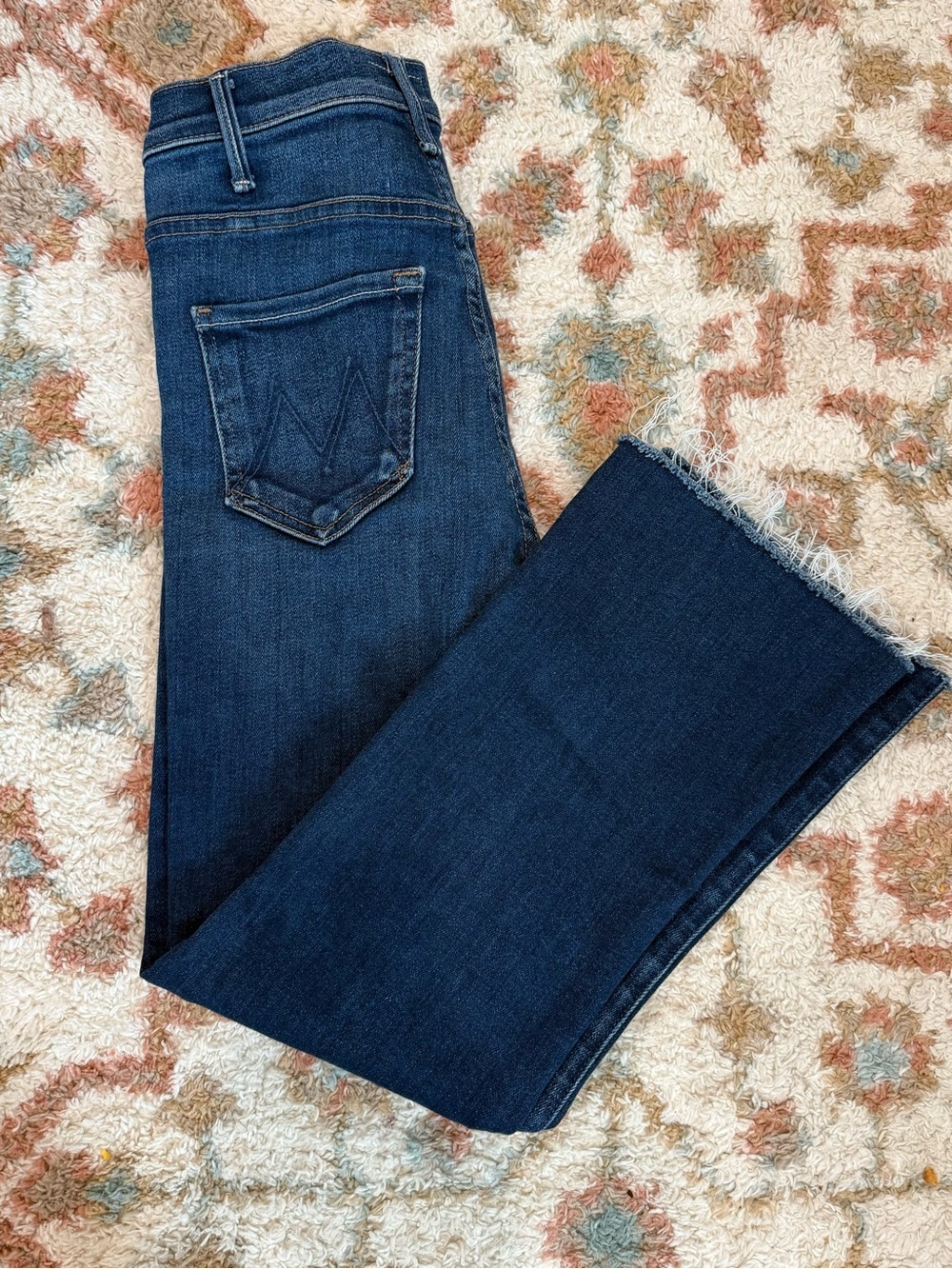 MOTHER High Rise Raw Hem Kick Flare Jeans | Size 24 | Cropped Dark Wash